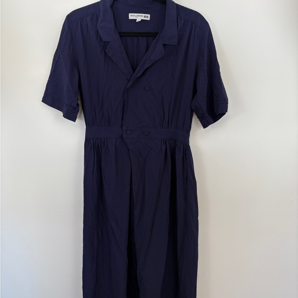 Uniqlo Blue Pleated Midi Shirt Dress